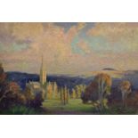 Eric Brown (20th Century) - Oil on board - Salisbury Cathedral at dusk, signed lower right, 35cm x