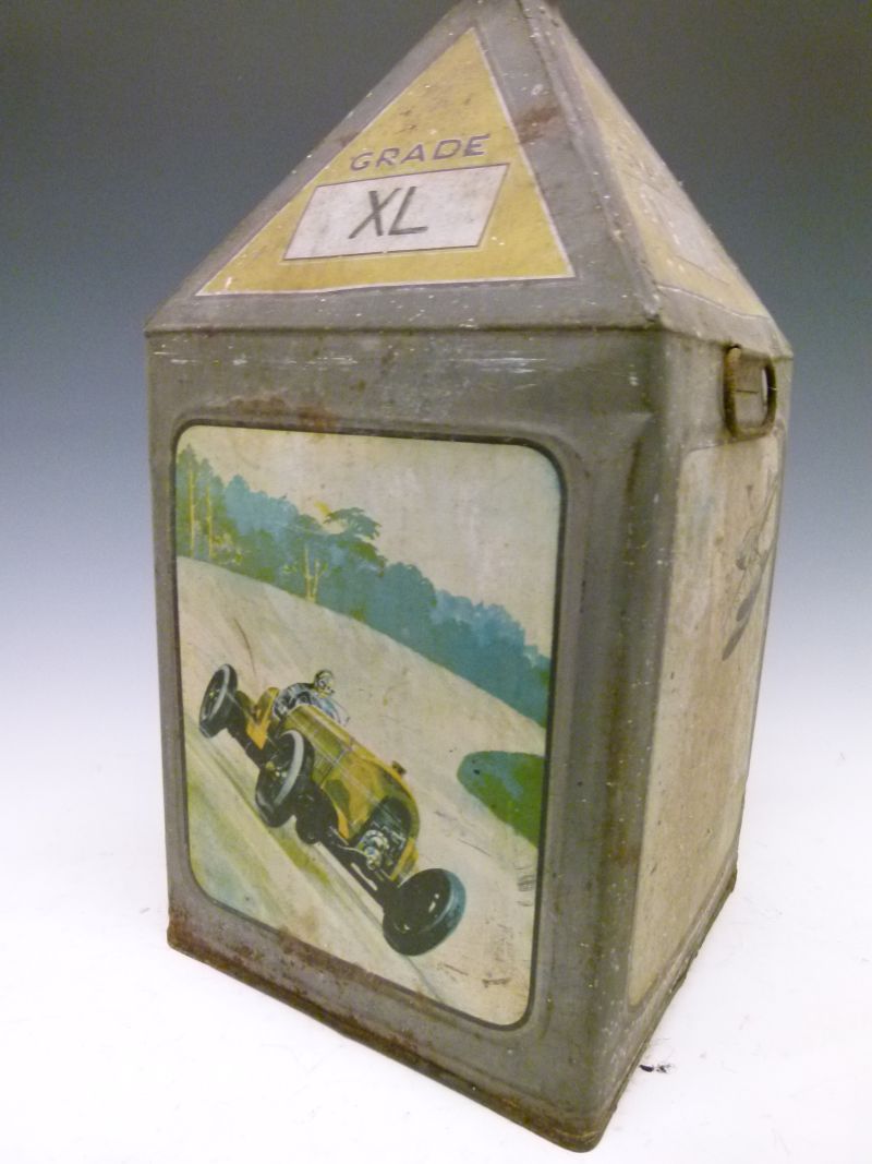 Advertising - Vintage grade XL Gamages pyramid motor oil can, decorated with racing car, seaplane - Image 5 of 9