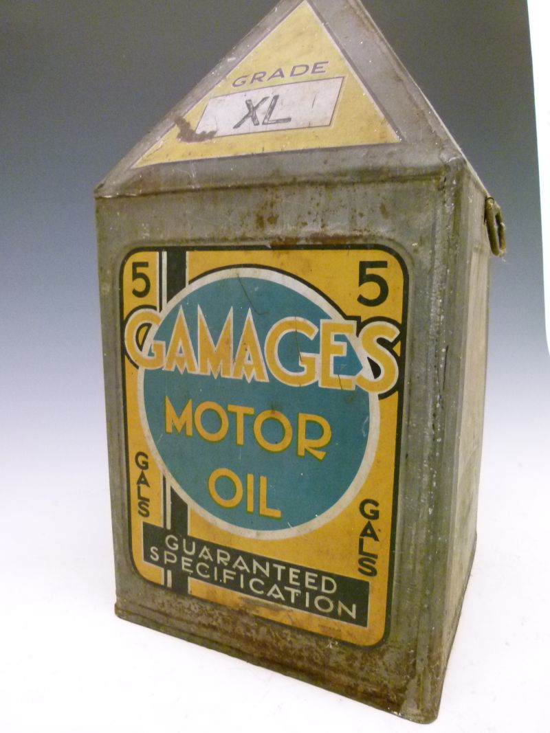 Advertising - Vintage grade XL Gamages pyramid motor oil can, decorated with racing car, seaplane - Image 3 of 8