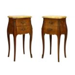 Pair of 20th Century French inlaid kingwood bedside cabinets, each with moulded serpentine-sided