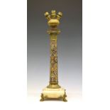 Late 19th/early 20th Century brass, onyx and champlevé enamel lamp base, of Corinthian column design