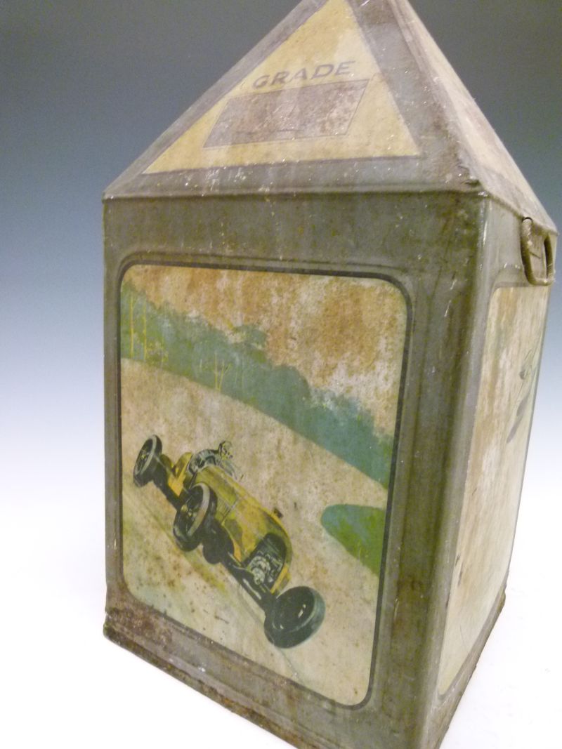 Advertising - Vintage grade XL Gamages pyramid motor oil can, decorated with racing car, seaplane - Image 5 of 8