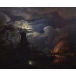 Continental School (19th Century) - Oil on canvas - Canal scene with moonlit windmill and raging