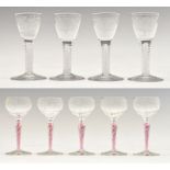 Four air-twist cordial glasses, each with engraved tapering bowl on double series stem and plain