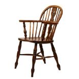 19th Century elm and yew-wood low hoop-back Windsor arm chair, having yew splat, hoop back,