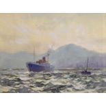 Wilfred Moody Fryer (1891-1967) - Watercolour - Merchant vessel in a rough sea with fishing boats,