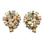 Pair of opal and diamond cluster ear studs, stamped '585', the fourteen opals with six single cut