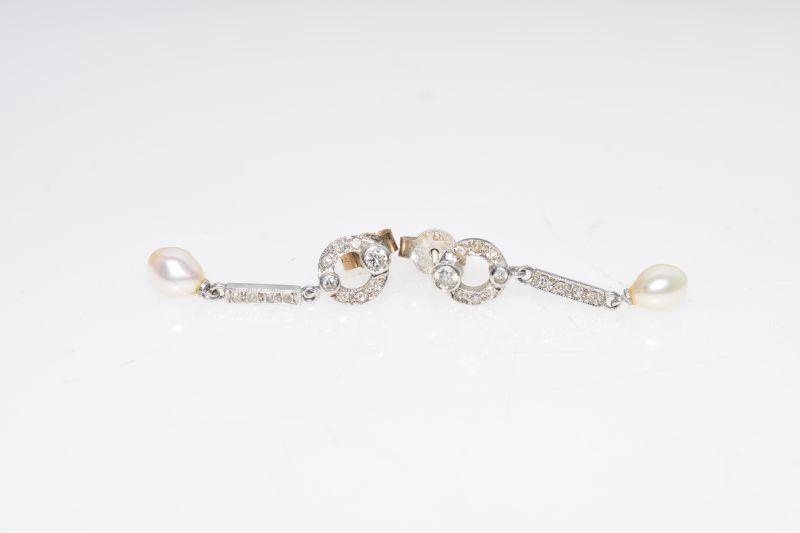 Pair of diamond and cultured pearl 18ct white gold drop earrings, the tear shaped pearls - Image 3 of 6