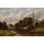 Robert Mann (fl.1869-1892) - Stratford-on-Avon Church from the meadows, signed lower right, in a