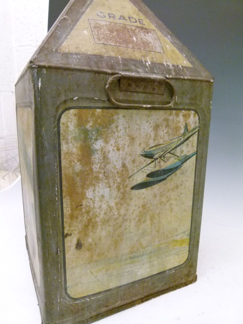 Advertising - Vintage grade XL Gamages pyramid motor oil can, decorated with racing car, seaplane - Image 6 of 8