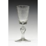 Engraved armorial goblet, in the Dutch style, engraved with Royal Arms beneath motto 'Vivat de