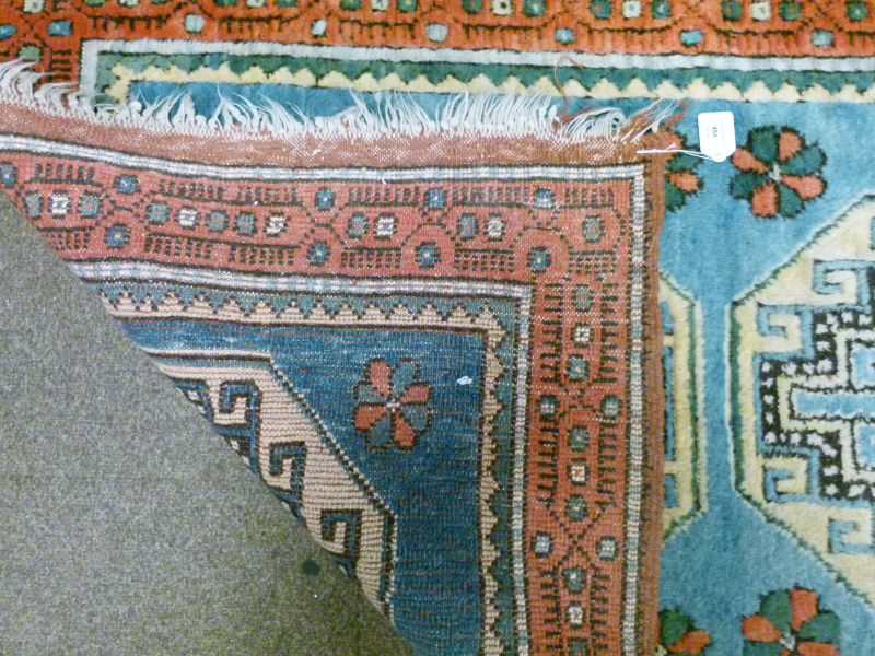 Middle Eastern (North West Persian) wool runner, the powder-blue field decorated with six large - Image 3 of 5