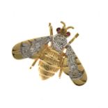 Diamond and ruby set bee brooch, stamped '14k', 'J.M.' and copyright mark, a diamond to each wing