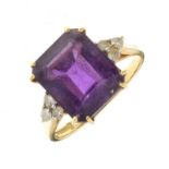 Amethyst and diamond 18ct gold dress ring, the step cut stone measuring approximately 12.1mm x