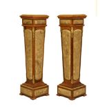Pair of 20th Century marble-mounted beech pedestals, each having a canted square marble top with