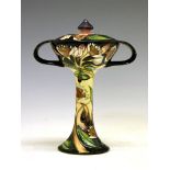 Modern Moorcroft pottery 'Symphony' pedestal cup and cover, of two handled form on spreading stem,