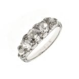 Five stone diamond ring, the indistinctly marked curved head rhodium plated gold mount set with