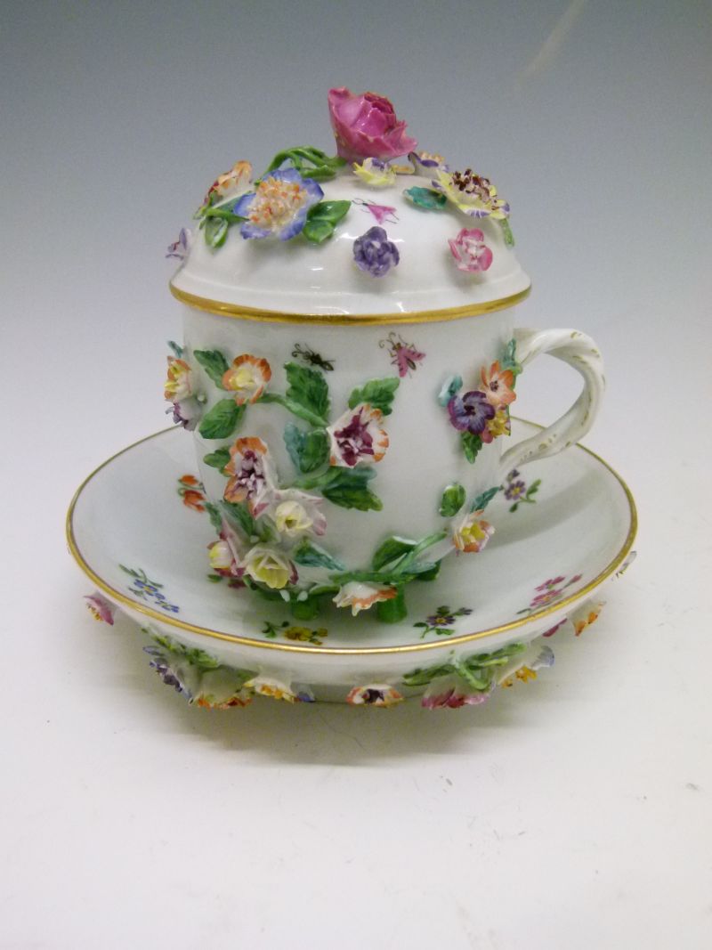 Late 19th Century Meissen porcelain chocolate cup, cover and saucer, each painted with insects and - Image 2 of 11