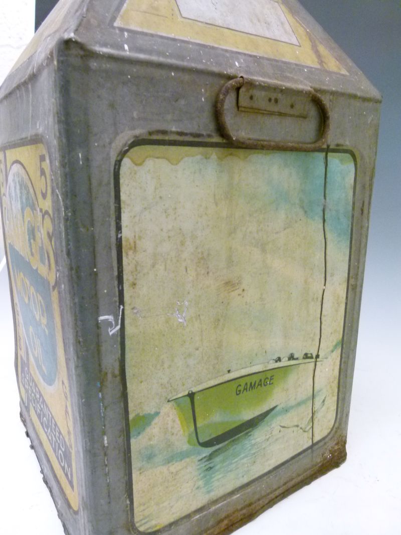 Advertising - Vintage grade XL Gamages pyramid motor oil can, decorated with racing car, seaplane - Image 4 of 9