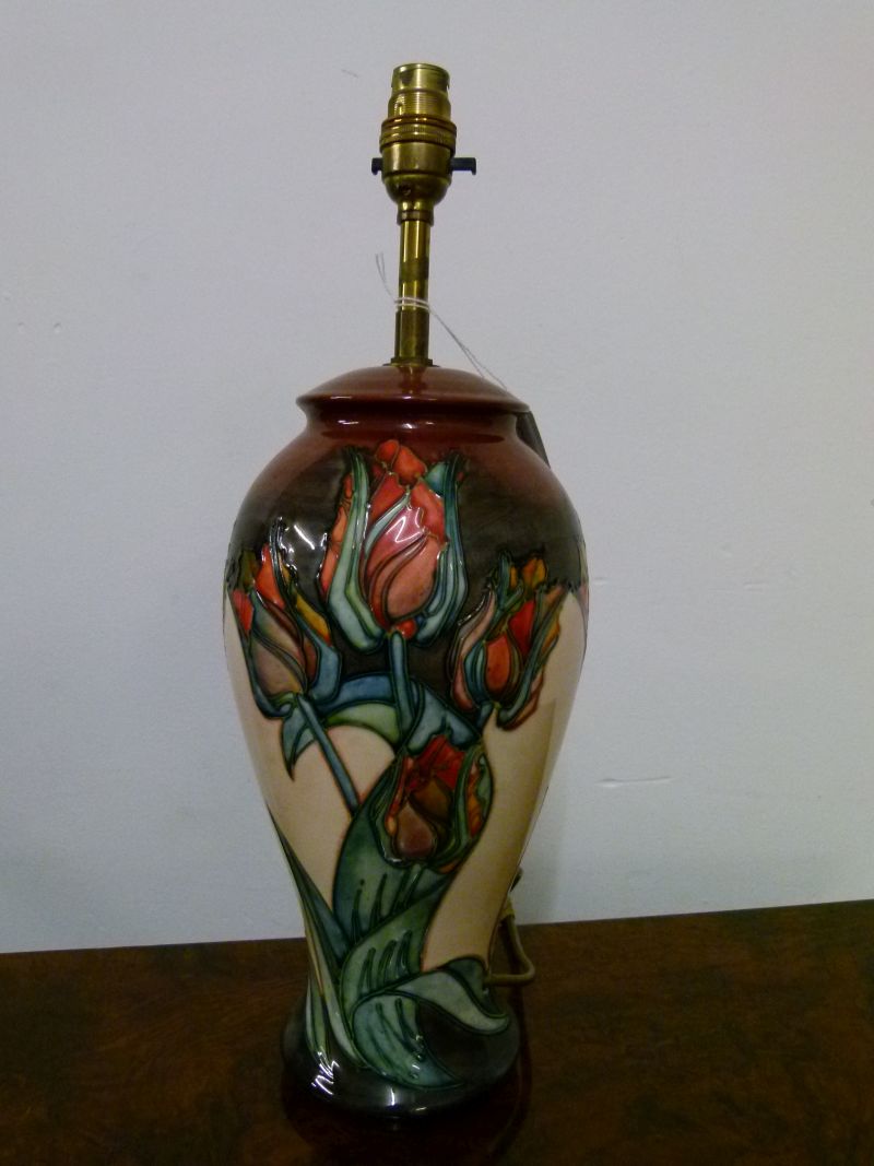 Modern Moorcroft pottery 'Tulip' pattern lamp base, of baluster form with tube-lined decoration, - Image 2 of 6