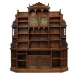 Impressive late Victorian Aesthetic-style carved oak cabinet bookcase, possibly by C. & R. Light,