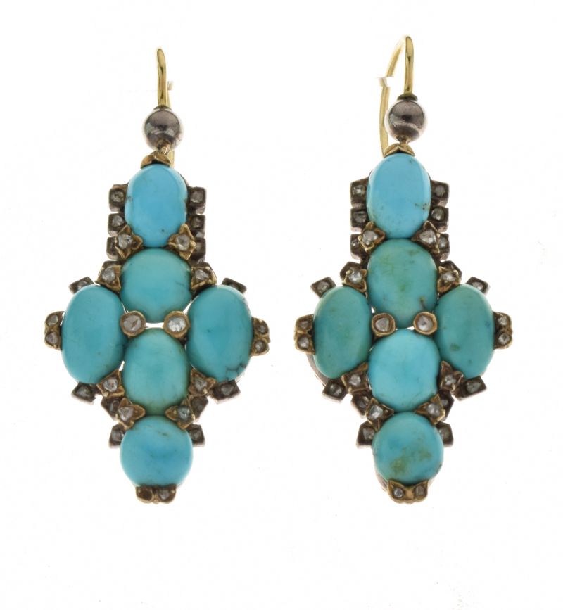 Pair of turquoise and rose diamond drop earrings, the six cabochons with rose diamond points