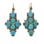 Pair of turquoise and rose diamond drop earrings, the six cabochons with rose diamond points