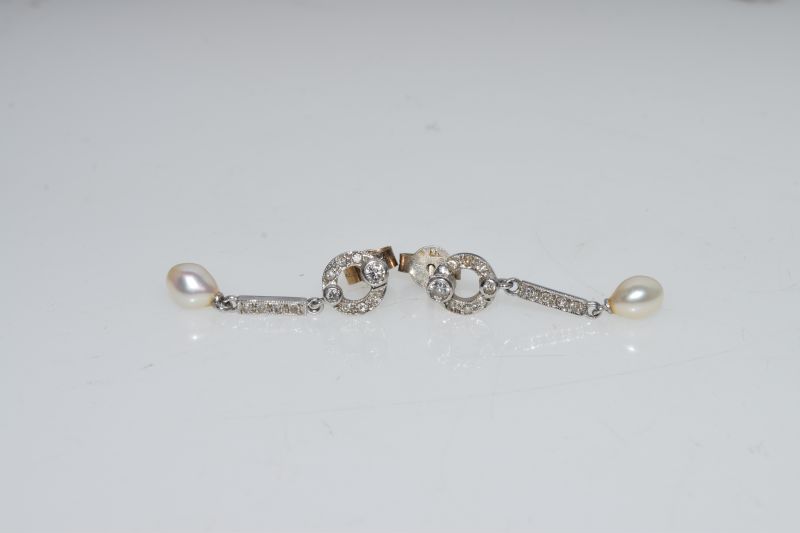 Pair of diamond and cultured pearl 18ct white gold drop earrings, the tear shaped pearls - Image 4 of 6