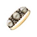 Three stone pearl ring, circa 1900, the yellow mount indistinctly marked, the pearls (untested and