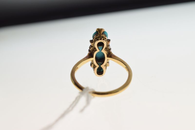 Turquoise three stone ring, the yellow mount unmarked, with rose diamond points, size O, 4.4g - Image 6 of 6