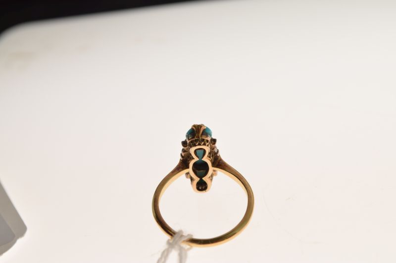 Turquoise three stone ring, the yellow mount unmarked, with rose diamond points, size O, 4.4g - Image 5 of 6