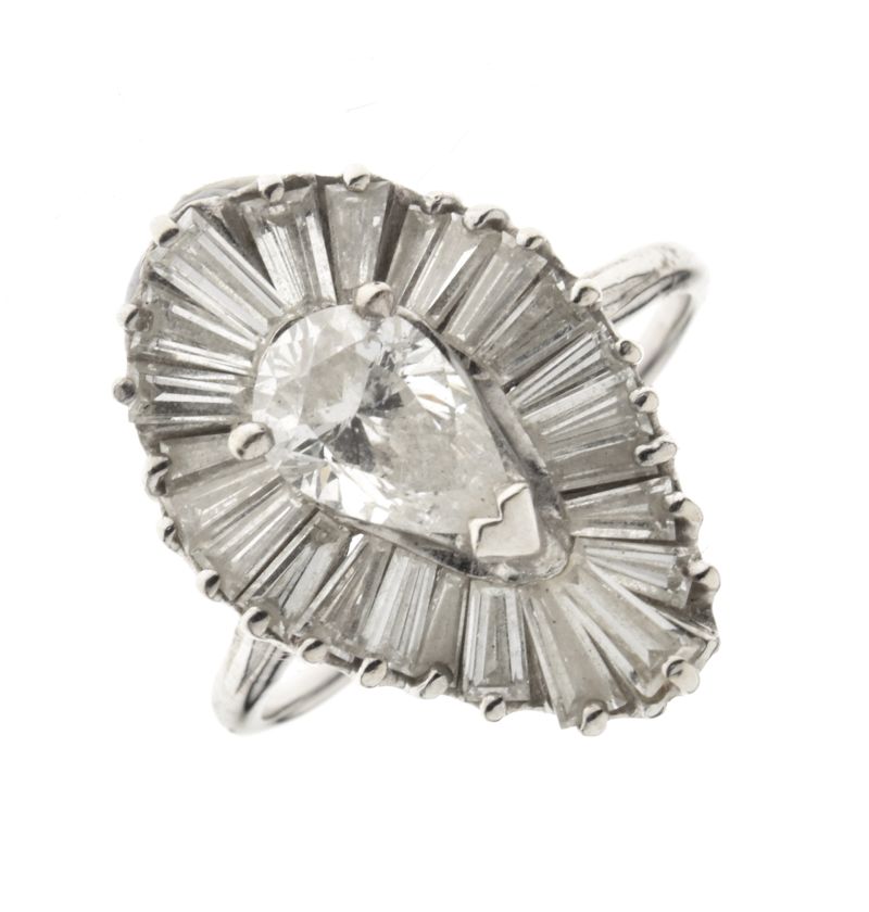 Diamond ballerina cluster ring, the white mount with indistinct mark, the central pendeloque cut