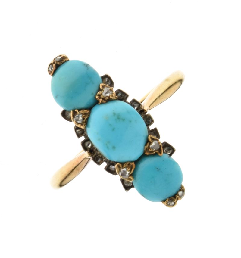 Turquoise three stone ring, the yellow mount unmarked, with rose diamond points, size O, 4.4g