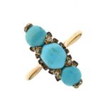 Turquoise three stone ring, the yellow mount unmarked, with rose diamond points, size O, 4.4g