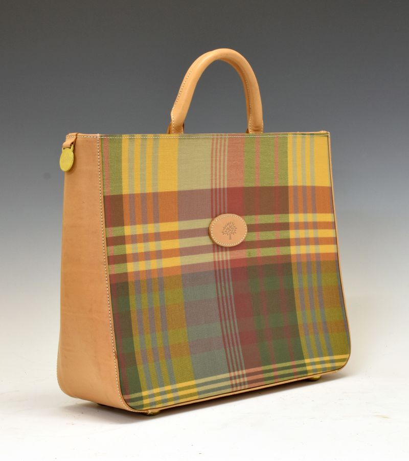 Mulberry tartan oil cloth and leather Tote bag, having two leather handles and extender strap and