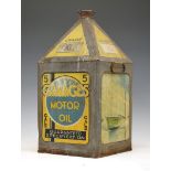 Advertising - Vintage grade XL Gamages pyramid motor oil can, decorated with racing car, seaplane