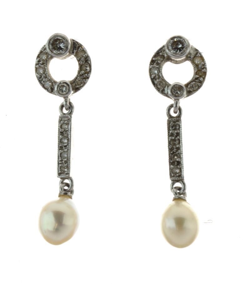 Pair of diamond and cultured pearl 18ct white gold drop earrings, the tear shaped pearls