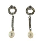 Pair of diamond and cultured pearl 18ct white gold drop earrings, the tear shaped pearls