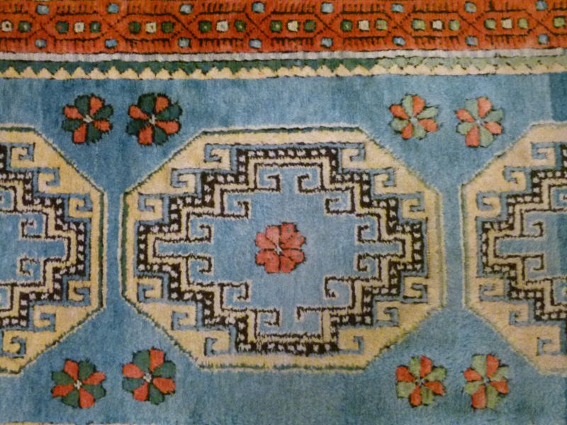 Middle Eastern (North West Persian) wool runner, the powder-blue field decorated with six large - Image 4 of 5