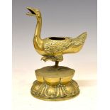 Antique Chinese Ming style bronze duck incense burner, modelled with left leg raised upon six