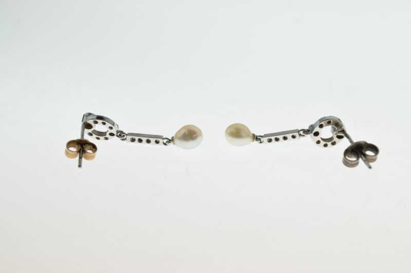 Pair of diamond and cultured pearl 18ct white gold drop earrings, the tear shaped pearls - Image 5 of 6