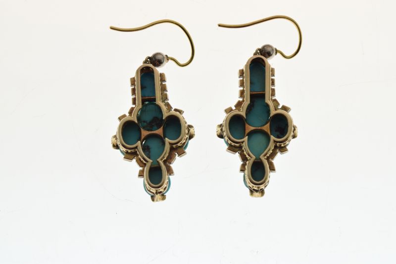 Pair of turquoise and rose diamond drop earrings, the six cabochons with rose diamond points - Image 3 of 5