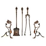 Good set of Art Nouveau copper fire implements comprising: a companion set of poker, tongs and