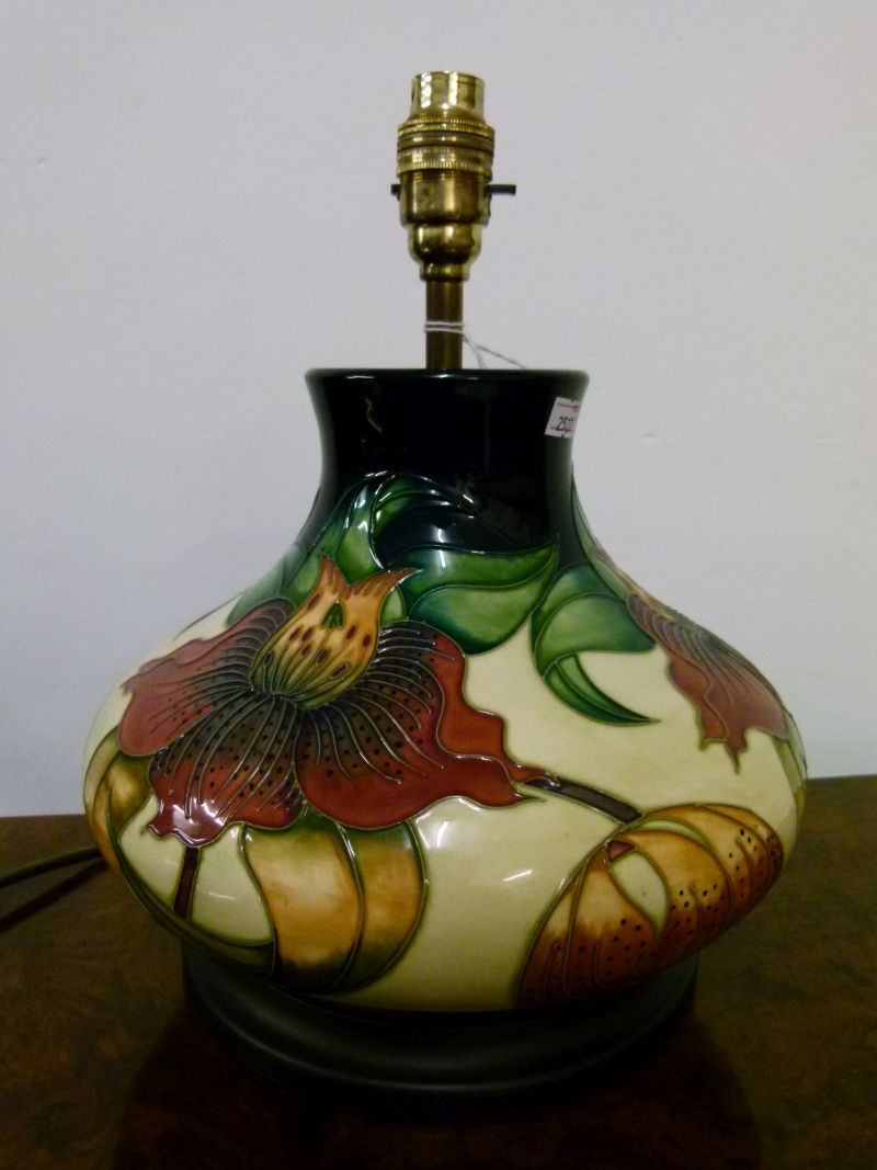 Modern Moorcroft pottery 'Orchid' pattern table lamp base, of squat bulbous form with tube-lined - Image 3 of 8