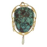 Murrle Bennett & Co - Art Nouveau turquoise matrix and freshwater pearl 15ct gold pendant, stamped