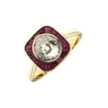 Diamond and calibre ruby 18ct gold ring, Birmingham 1998, the old brilliant cut estimated as