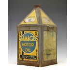 Advertising - Vintage grade XL Gamages pyramid motor oil can, decorated with racing car, seaplane