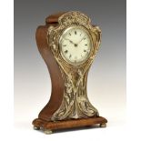 George V Art Nouveau style mahogany and silver fronted mantel clock, the decorative front panel