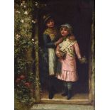 Manner of Jane Maria Bowkett (1837-1891) - Oil on canvas - Two young girls stood in a cottage