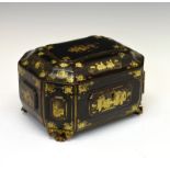 19th Century Chinese export black-lacquer tea caddy, of canted oblong form with hinged cover